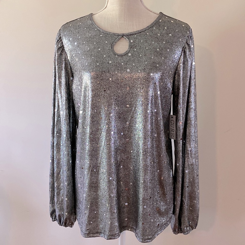CURE brand women’s gray silver sparkle keyhole front blouse top l/s size M